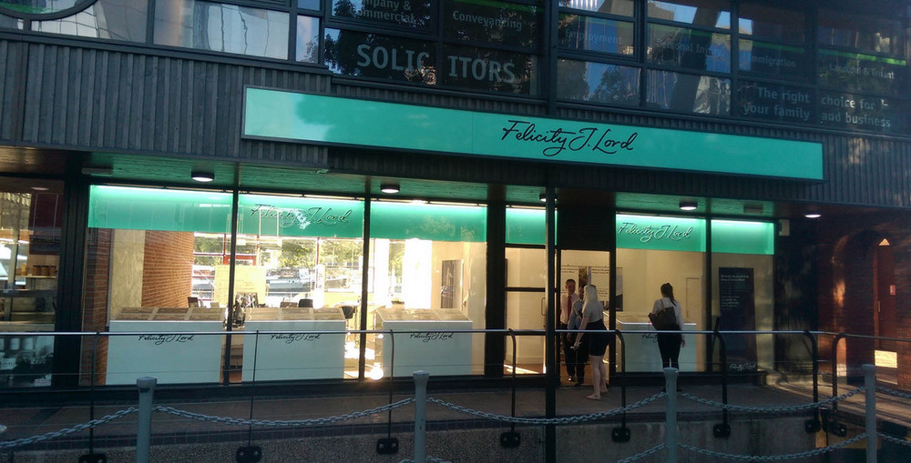 A totally new sign designed for Felicity J Lord Canary Wharf Durleigh